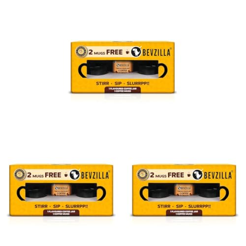 Image of Bevzilla Turkish Hazelnut Premium Edition Pack - 2 Free Coffee Mugs | 100% Arabica Beans | Instant Coffee | 75 gms Pack | Makes up to 40 cups | Best for Espresso, Latte, Cappuccino (Pack of 3)