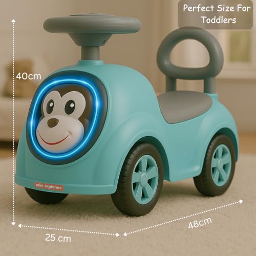 Image of MiniExplorer Monkey Ride-On Toy Car for Kids | Push Ride Car with Music, Horn, Backrest, Safety Guard, Under Seat Storage & Big Wheels | Baby Ride-On for 1-3 Years Boys & Girls - Blue