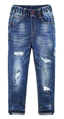 Kidscool Space Kids Calça jeans com cintura elástica com letras pintadas a óleo e furos rasgados, Az