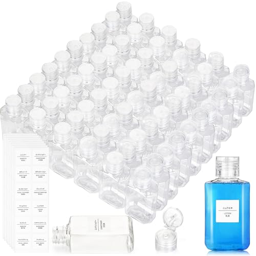 60 Pack Plastic Refillable Flip-Top Bottles, 2 OZ Clear Empty Travel Hand Sanitizer with Flip Cap, Portable Small Liquid Squeeze Container for Shampoo, Lotions, Liquid Body Soap, Creams