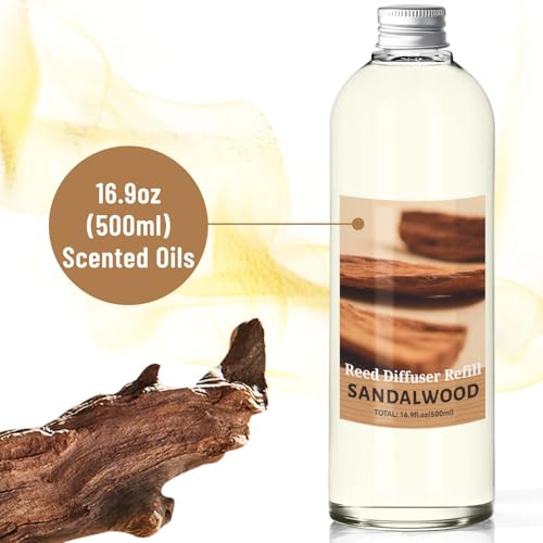 Image of STRN Sandalwood Reed Diffuser Refill 500ml with 6 Natural Reed Sticks, Premium Aromatherapy for Home, Long-Lasting Fragrance for Living Room, Bedroom, Office | Alcohol-Free