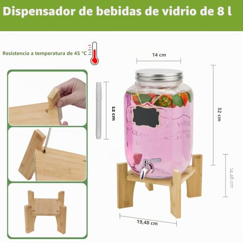Miniatura 2 de Dispensador De Bebida De Vidrio De 8 Litros Con Grifo Inoxidable, Ideal Para Fiestas, Con Soporte De Bambú, Jarra De Agua Con Grifo, Perfecta