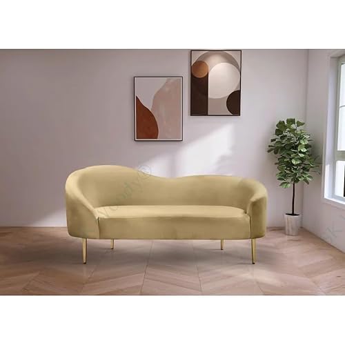 Image of Rosewood Luxury Curved Sofa in Premium Velvet-Fabric | Solid Wood Structure | High Density Foam | Sturdy Golden Legs | Comfortable & Stylish Couch for Modern Living Room (Camel, 2 Seater)