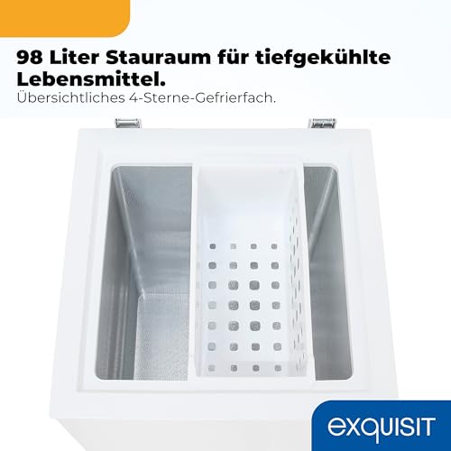 Exquisit Gefriertruhe | 98 l Nutzinhalt, Energieeffizienzklasse E, 40 dB Betrieb | Schnellgefrieren, manuelles Abtauen, Temperaturregelung, digitale Temperaturanzeige Gefrierkorb | GT5101-E-040E weiss
