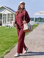 Ekouaer Damen Schlafanzug Lang Fleece Pyjama Set Winter Hausanzug Rot 2XL | kuschelig warm, mit Bündchen, praktischen Gummizugbund und seitliche Eingrifftaschen – Ansicht 6
