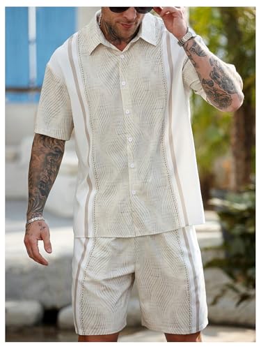 Men's 2 Piece Striped Outfits Short Sleeve Button Down Shirts and Shorts Set3