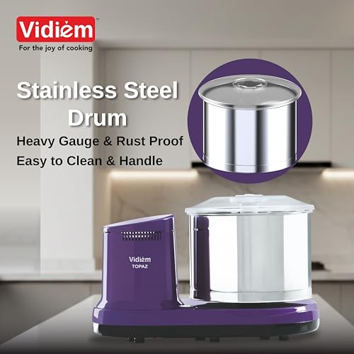 Image of Vidiem Topaz 150W Wet Grinder for Idli Dosa Batter | 2L Stainless Steel Drum, Extra Wide Stone Rollers, High Torque Motor | ISI Certified | ABS Body | 5-Yr Motor Warranty | Lavender