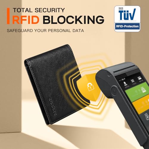 Image of RUNBOX Wallet for Men Slim Leather Bifold RFID Blocking Minimalist Front Pocket Design with Gift Box | Minimalist Front Pocket Design, Holds 8 Cards, RFID Protection, Gifts for Men on Birthdays, Father's Day, and Christmas