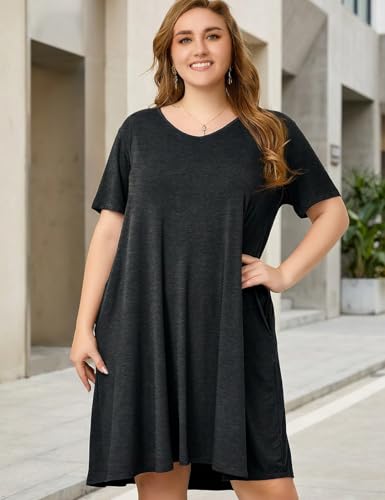 Image of OVERWORETY Womens Short Sleeve Plus Size T-Shirt Dress V Neck Casual Loose Swing A-Line Summer Tunic Dresses with Pockets