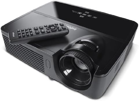 Angled view of the InFocus IN112 projector with remote control