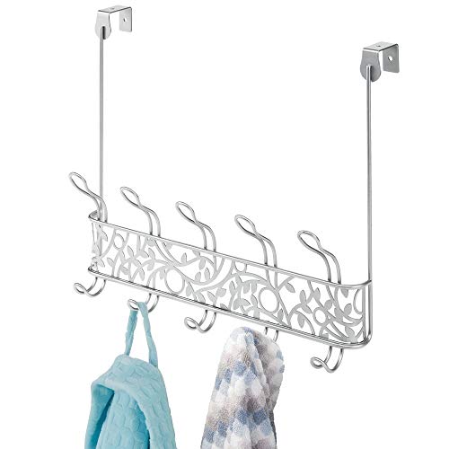 mDesign Perchero de puerta de metal de estilo vintage – Colgador para puerta con 10 ganchos para pasillo y baño – Cuelga ropa compacto para abrigos, chaquetas, albornoces y toallas – plateado