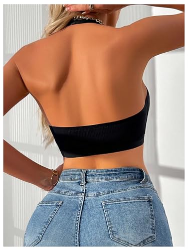 SHENHE Women's Front Closure Halter Neck Plunge Bra Non Padded Contrast Mesh Bralette2