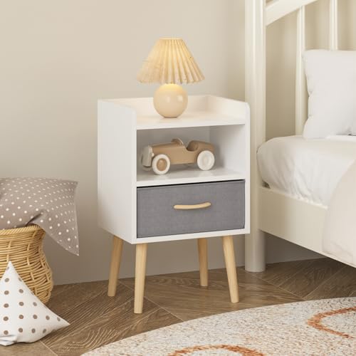 Image of extrasleep White Wooden Nightstand with Fabric Drawer, 2-Tier Modern Storage End Table, 25 inch H Wood Bedside Table with Storage, Small Night Stand for Kids Room Nursery Playroom Bedroom