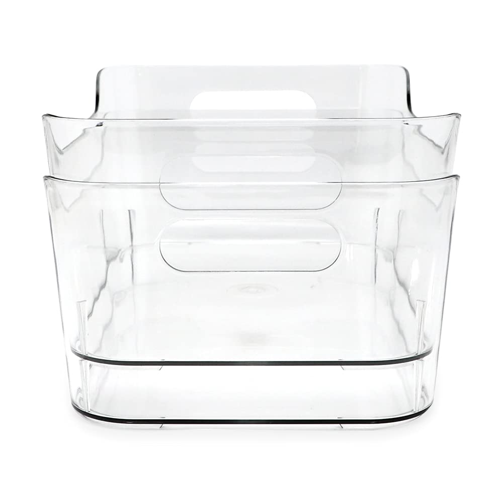 Paquete de 2 cubos pequeños transparentes de almacenamiento (9.4 x 6.7 x 4.1 pulgadas) con asas, juego de cajas de plástico, hogar, oficina, refrigerador, congelador, cocina, contenedor 6