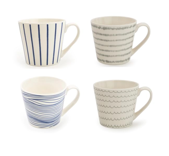 Home Deco London Nautical Collection of 4 Piece Mug Set Tableware-Perfect for Coffee, Tea and Hot Beverages 370ml Cups Blue & White Porcelain (Nautical Mug Set of 4 Mixed Designs)