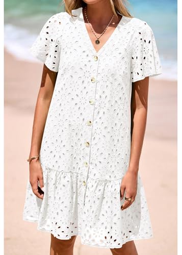 KIRUNDO Summer Dresses for Women 2025 Eyelet Button Down V Neck Short Sleeve Hollow Out A Line Loose Mini Babydoll Dress4