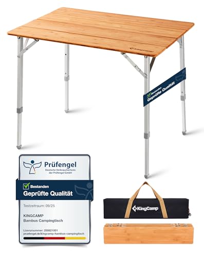 KingCamp Campingtisch Bambus Klapptisch höhenverstellbar für 4-6 Personen Campingtisch klappbar 4 Falten mit Tragetasche belastbar bis 80 kg,100 x...