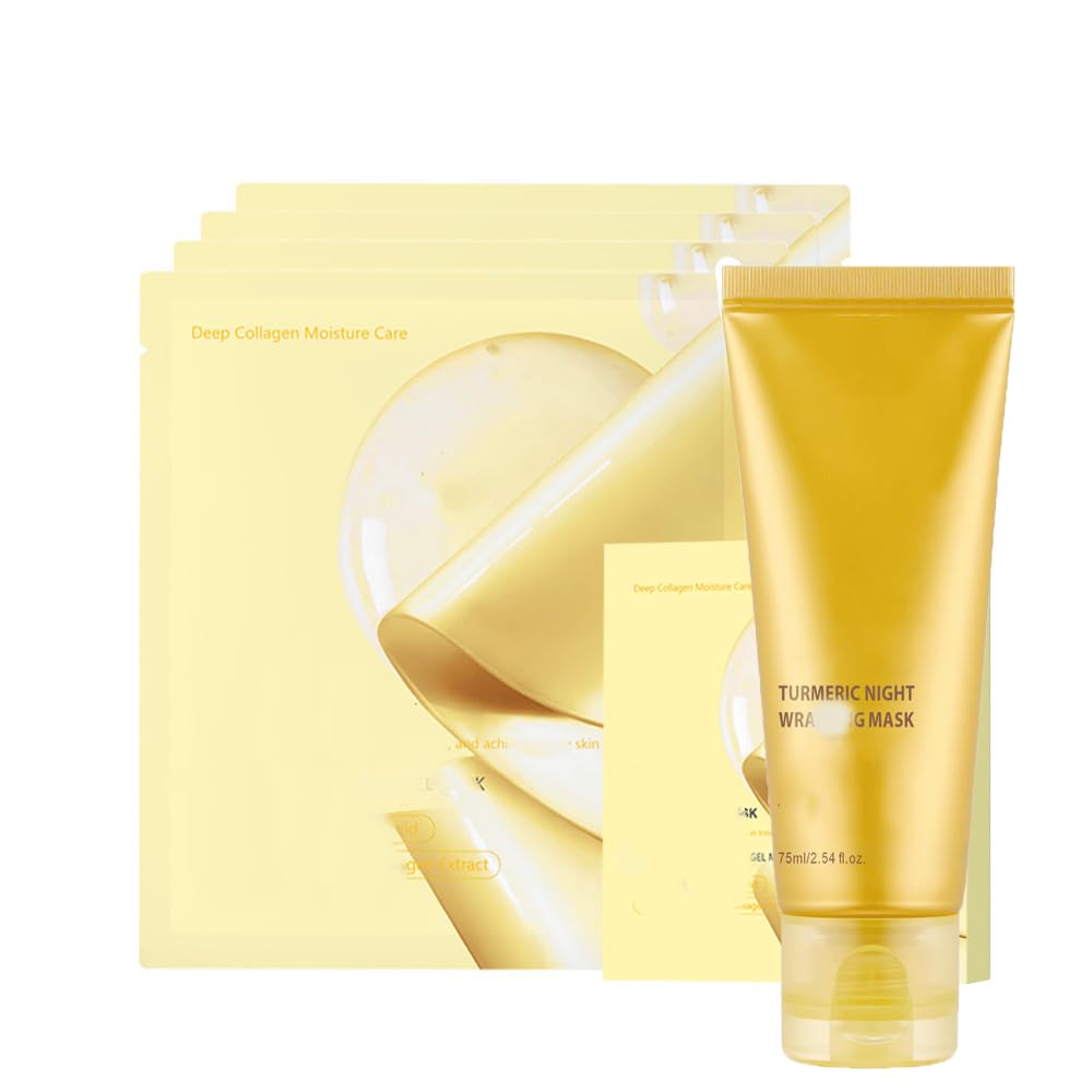 4 PCS Kojic Acid Turmeric Brightening Gold Jelly Gel Mask Overnight Face Mask+ 1PC Kojic Acid Turmeric Collagen Night Wrapping Mask