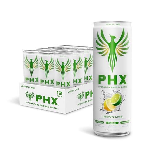 Image of PHX Hydration Energy Drink - 700mg Electrolytes, 200mg Natural Green Tea Caffeine, 100% Daily Value 8 Essential Vitamins - 12 oz Cans (12 Pack, Lemon Lime)
