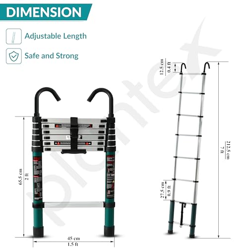 Image of Plantex 2m (6.5 ft.) Aluminium Telescopic Ladder /7-Steps Portable Ladder with Removable Hooks /Foldable Multipurpose Collapsible Ladder for Home & Outdoor Use /2 Years of Warranty - (Green)