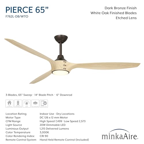 MINKA-AIRE F762L-DB/WTO Pierce 65" 3-Blade LED Smart Ceiling Fan - Dark Bronze and White Oak Finished Blades with Etched Lens thumbnail 7