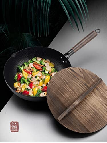 Carbon Steel Wok Pan - 13” Wok Pan With Lid,Forge Iron Pot， Woks & Stir-Fry Pans, No Chemical Coated Chinese Wok With 4 Cookware Accessories Flat Bottom Wok For Electric, Gas, All Stoves (13-Inch) #TOP1