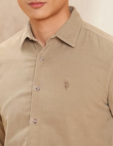 Image of U.S. Polo Assn. Denim Co. Light Khakhi Solid Corduroy Slim Fit Men's Shirt