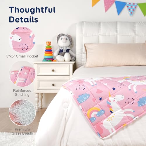 Kivik Soft Weighted Lap Blanket 2 lbs, Small Weighted Lap Pad, Breathable Heavy Throw Blankets for School Calming & Bed Sleeping, Machine Washable, 20 x 30 Inches, Cute Unicorn Printing, Light Pink