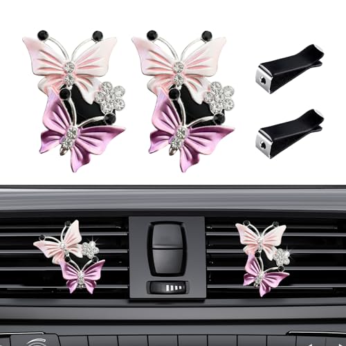Dickno 2 PCS Car Air Fresheners Vent Clips, Cute Dual Butterfly Rhinestone Air Freshener Perfume Clip, Sparkly Auto Aroma Diffuser Decoration, Universal Vehicle Interior Accessories (Pink)