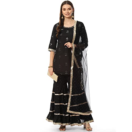 Image of BIBA Women Cotton Straight Embroidered Suit Set