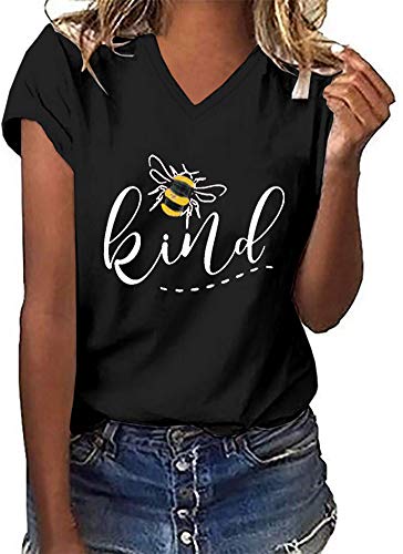 Womens Be Kind Graphic Tees V Neck Cute Printed Summer Casual T Shirts Tops (Black,Large)