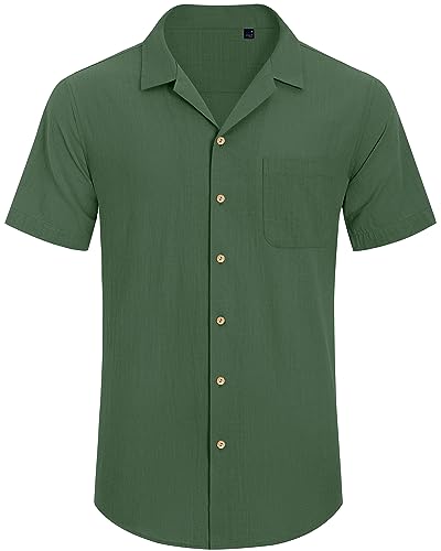 Image of Alimens & Gentle Mens Linen Shirts Cotton Hawaiian Shirts Short Sleeve Button Down Shirts Casual Summer Beach Tops