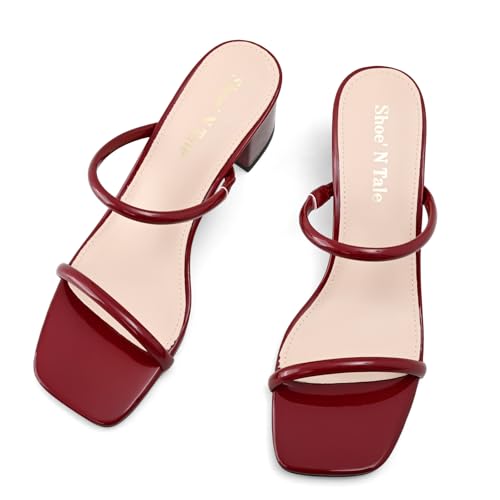 Image of Shoe'N Tale Strappy Heels for Women Square Open Toe Two Strap Low Block Heel Slip on Dressy Sandals Shoes