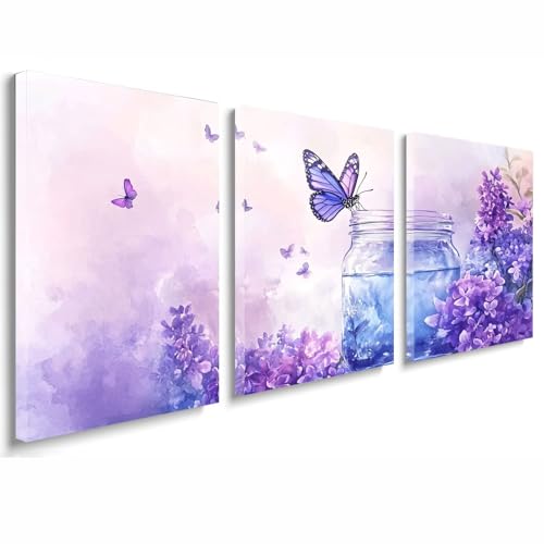 Cuadros Decoracion Salon Modernos, 3 Pcs Marco de Madera Cuadros Flor Posters para Pared Lienzo Pintura Mariposa Wall Art Imagen Decoracion Dormitorios Cocina Baño Pasillo Pared 25x35 cm 1f-681