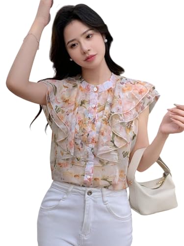 Image of Women's Shirt | Premium Chiffon Allover Print Sleeveless Shirts for Casual & Office Wear | Stylish Summer Button-Down Shirt for Girls & Women