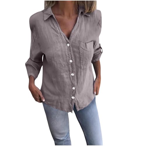 Ybing Camisa de lino para mujer, informal, vintage, muselina, monocolor, algodón, lino, manga larga, botones, solapa, blusa de verano, camisa ligera de verano, camiseta de manga larga, camisas