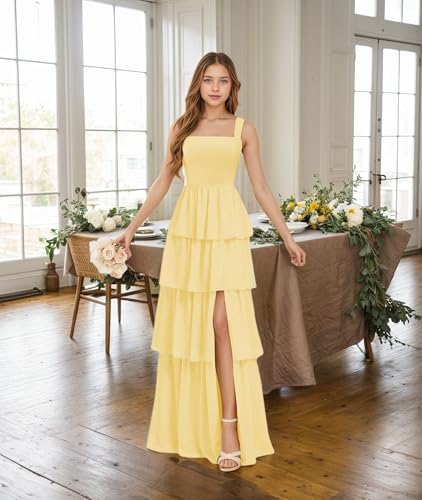 Chiffon Junior Bridesmaid Dresses for Teen Girls Tiered Pleated Flower Girl Dress with Slit Wedding Guest Gowns3