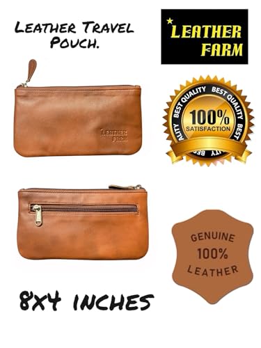 Image of Leather Travel Pouch - Beautifully Handcrafted YKK Zippered Pouch Handmade - 8 x 4 inches. (TAN, 8x5 Inches)
