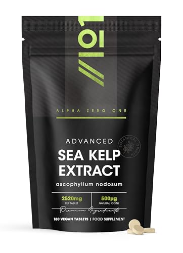 Sea Kelp Extract 2520mg Tablets - 500g Natural Iodine - 180 Vegan Tablets (6 Months Supply) - High Strength 30:1 Ascophyllum Nodosum Extract - Resealable and Recyclable Pouch by Alpha01