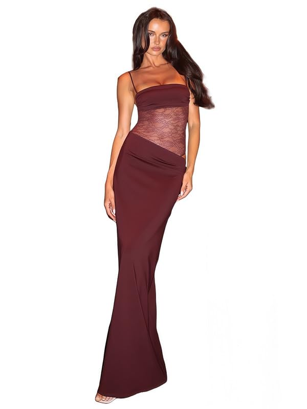 Sukiglam Kleid Damen Sexy Spitze Patchwork Slip Maxikleid Rückenfreies Bodycon Patykleid Figurbetontes Hochzeitsgast Kleider Lange Ärmelloses...