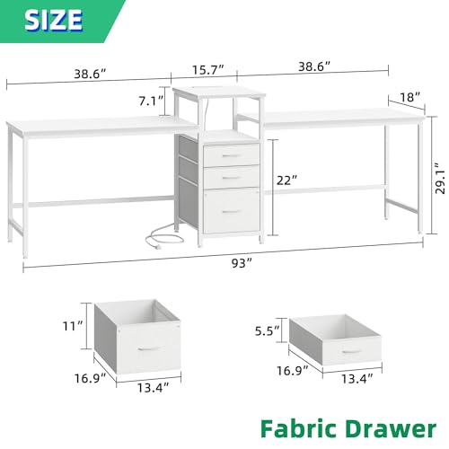 93'' Two Person Desk with Charging Station, Long Desk with 3 Drawers and Printer Shelf, Double Computer Desk, Fabric Drawers, 2 Person Writing Study Table Workstation for Home Office, White