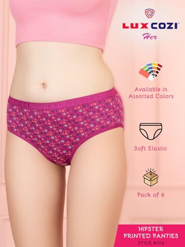 Image of Lux Cozi for her Outer Elastic Hipster 100% Cotton Panty Set for Women | Cotton Panty for Women | Underwear for Women |Hipster Panties for Women | Colors & Prints May Vary | Pack of 6