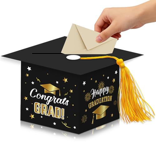 2026 Graduation Card Box with Tassel - Sturdy Cardboard Mortarboard Holder for Graduation Party Decorations Congrats Grad Money Box for Gift Cards & Envelopes College & High School Supplies Black