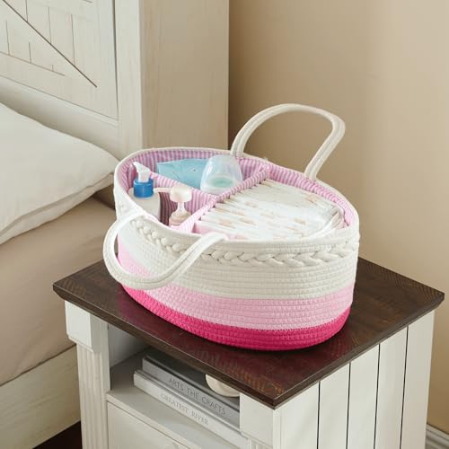 Image of luxury little Diaper Caddy Organizer, Large Cotton Rope Nursery Baby Basket, Changing Table Organizer for Baby Diaper Storage, Portable Car Organizer Removable Divider (Pink, Extra Large)