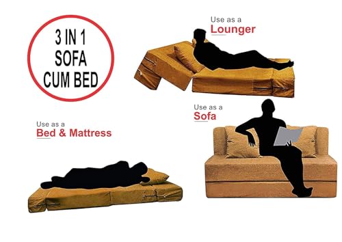 Image of PUM PUM 2-Seater Sofa Cum Bed | EPE Foam Foldable Couch with Velvet Fabric & Washable Cover | Convertible Sofa Bed for Home, Living Room & Office Guests | 3 x 6 Ft (Yellow)