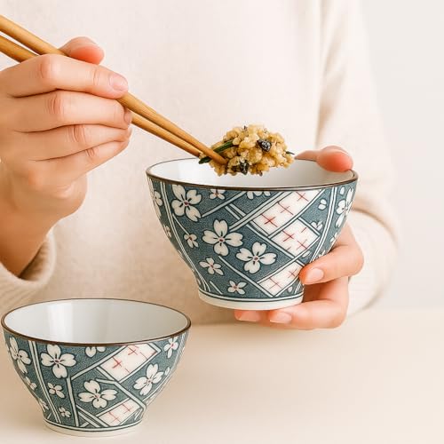 Image of YELONA Japanese Style Ceramic Bowls - 4.8 Inch (300ml), Set of 4 - Checkered Design Rice /Noodle Bowls - Microwave & Dishwasher Safe, Ideal for Gifting Choice