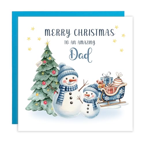 Christmas Card for Dad 2025 – Cute Snowman Xmas Card for father, Parents, Family – Xmas Card from Son, Daughter, Kids, 1st, 2nd, 3rd, 4th etc Christmas as a Dad - Blue Envelope Included