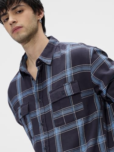 Image of The Souled Store Plaid: Men's and Boys Long Sleeves Collared Neck Button Front Cotton Regular Fit Utility Shirts
