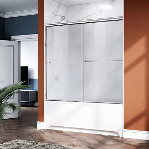 Elegant Bathtub Shower Door 60" W X 57.4" H, Semi-Frameless Bathtub Glass Doors With Towel Bar, Double Sliding Shower Doors With 1/4" Frosted Glass, Chrome Finish Sliding Tub Shower Doors #TOP1