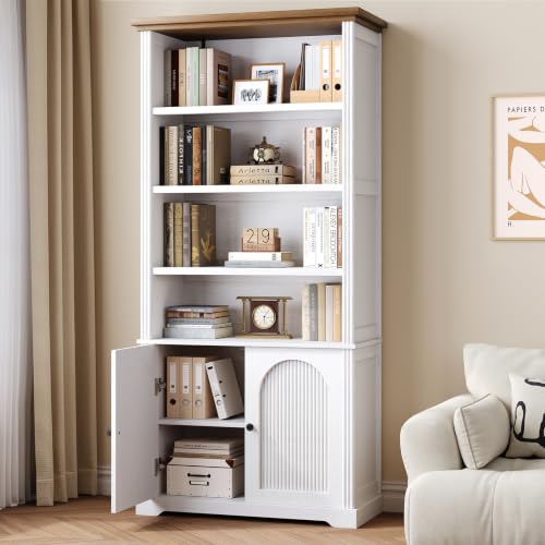 Glirun Modern 71" Tall 6-Shelf Bookcase with Doors, Storage Cabinet with Adjustable Shelves, Fluted Double-Door Design for Living Room, Home Office, Bedroom, Kitchen, White by Glirun - Used condition - US$124.19